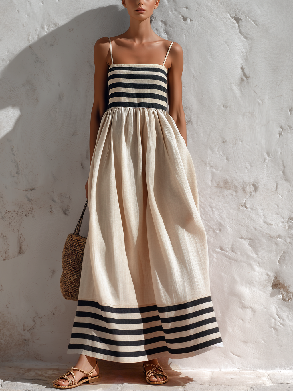 Vestido largo de rayas negras y beige con tirantes finos