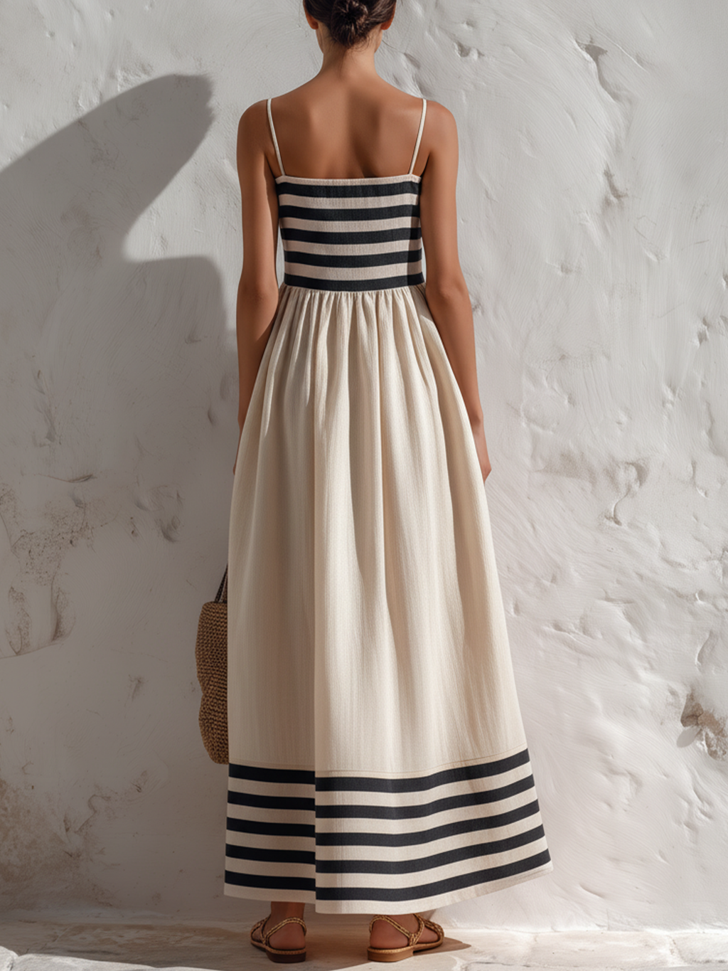 Vestido largo de rayas negras y beige con tirantes finos