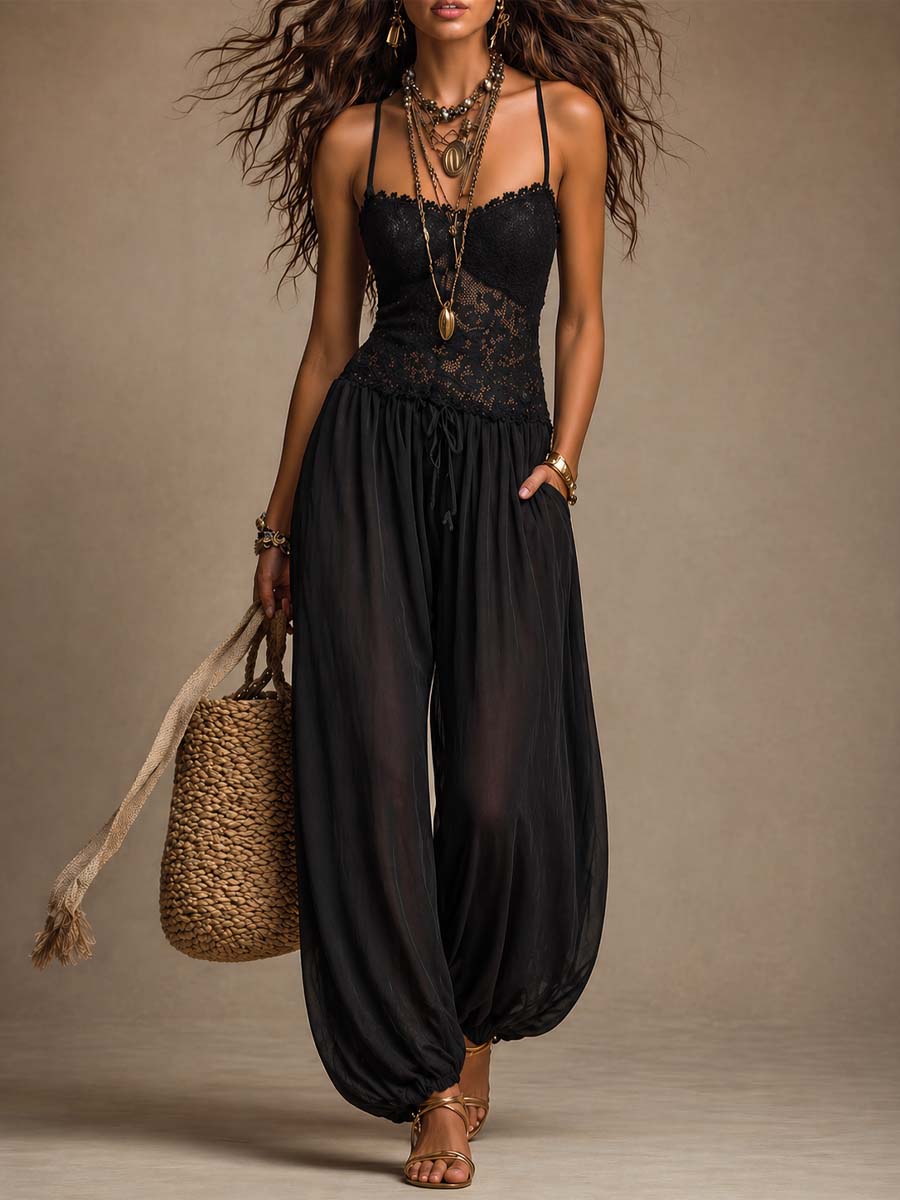 Mono harem de cuello halter en chiffon negro con encaje