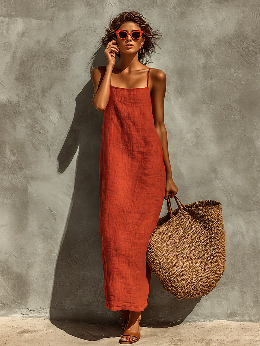 Vestido rojo de algodón con tirantes finos y escote cuadrado