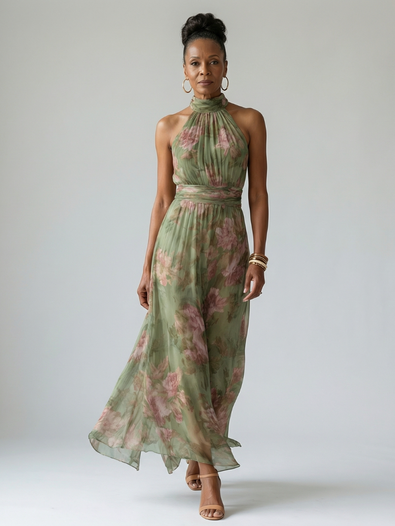 Vestido midi con cuello halter fruncido