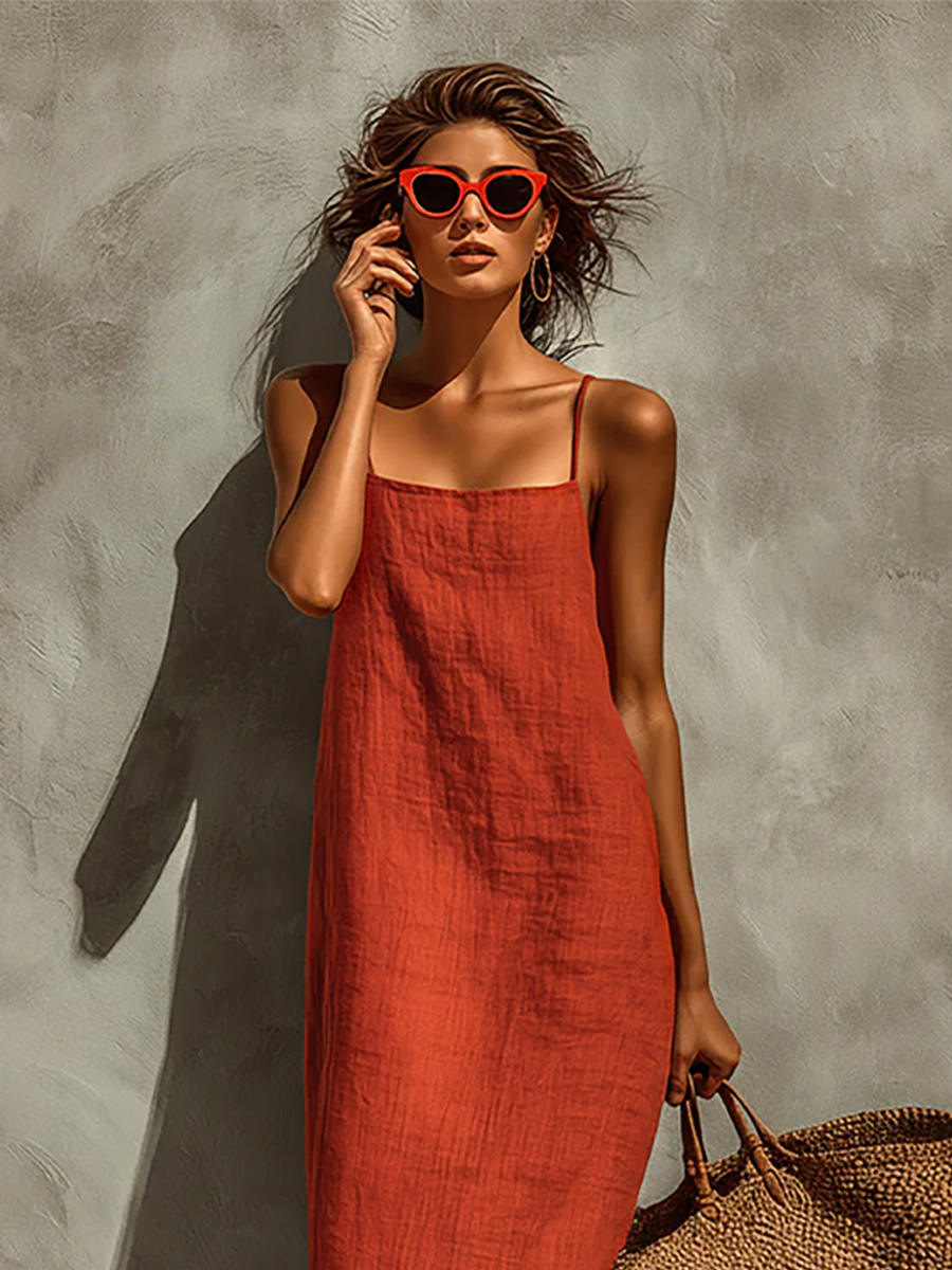 Vestido rojo de algodón con tirantes finos y escote cuadrado