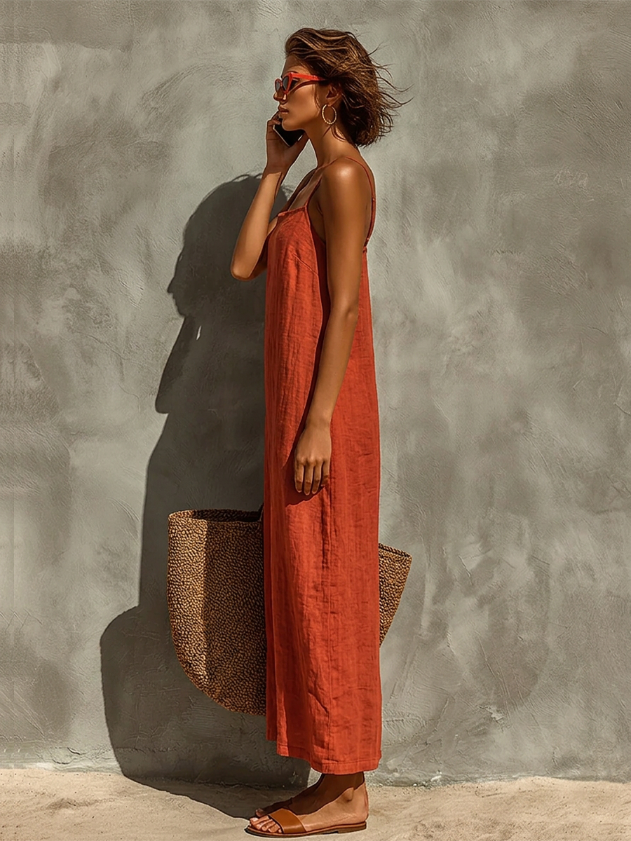 Vestido rojo de algodón con tirantes finos y escote cuadrado