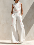 Conjunto de blusa minimalista de lino y pantalón de pierna ancha