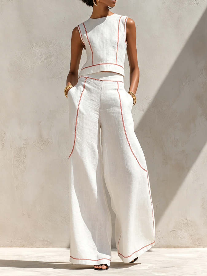 Conjunto de blusa minimalista de lino y pantalón de pierna ancha
