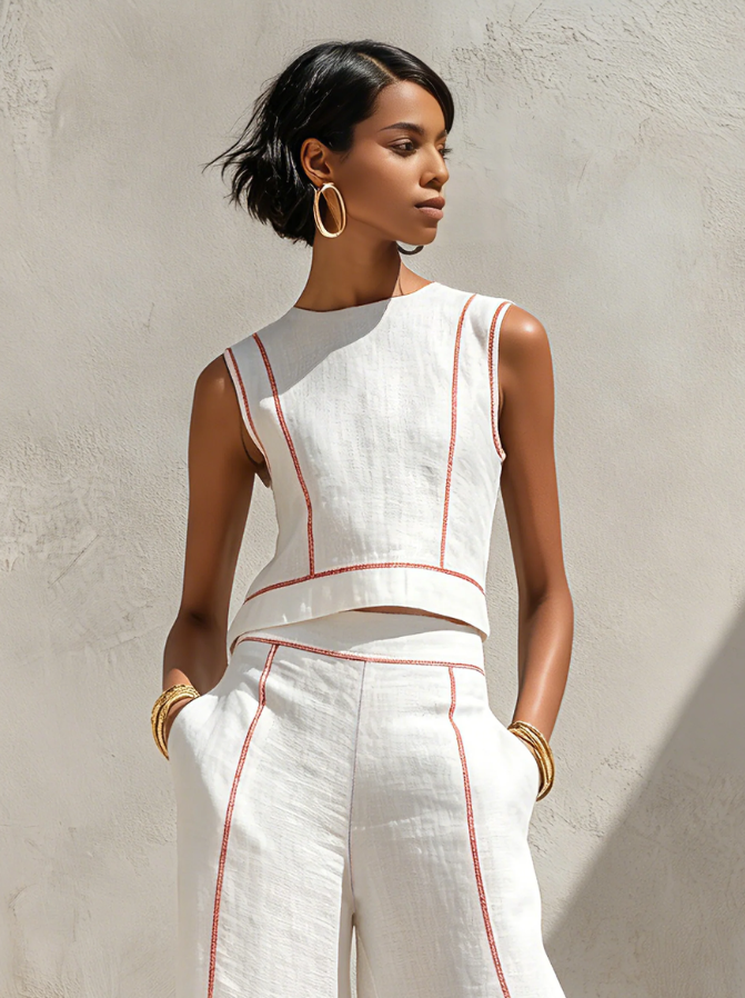 Conjunto de blusa minimalista de lino y pantalón de pierna ancha