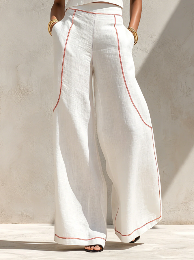 Conjunto de blusa minimalista de lino y pantalón de pierna ancha