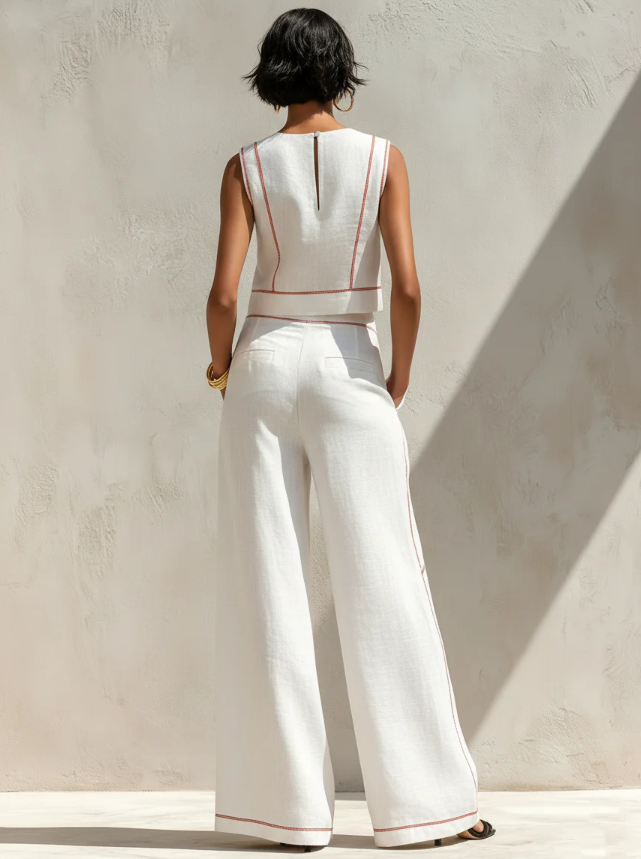 Conjunto de blusa minimalista de lino y pantalón de pierna ancha