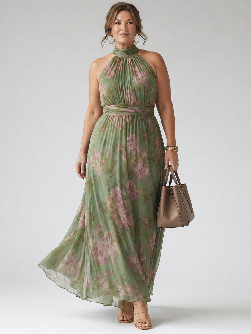 Vestido midi con cuello halter fruncido
