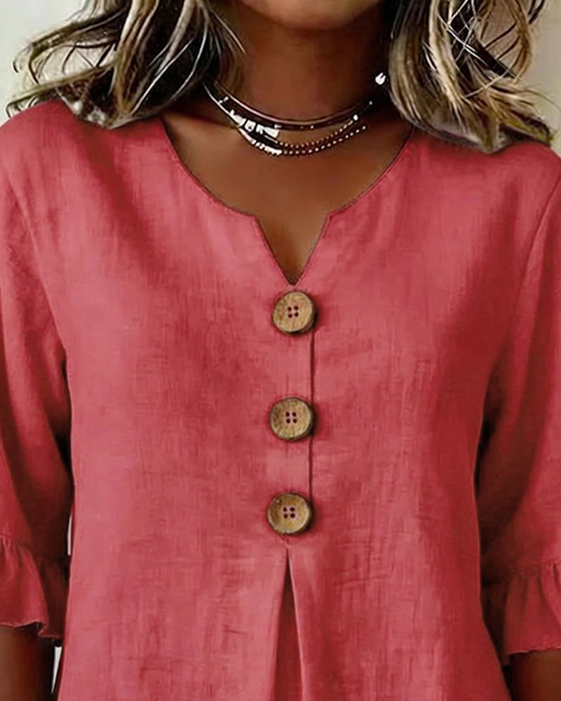 Busa lisa de algodón y lino con botones de madera y volantes