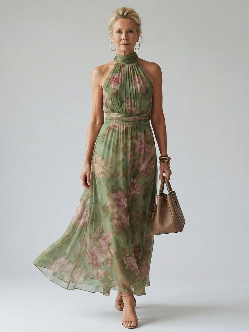 Vestido midi con cuello halter fruncido
