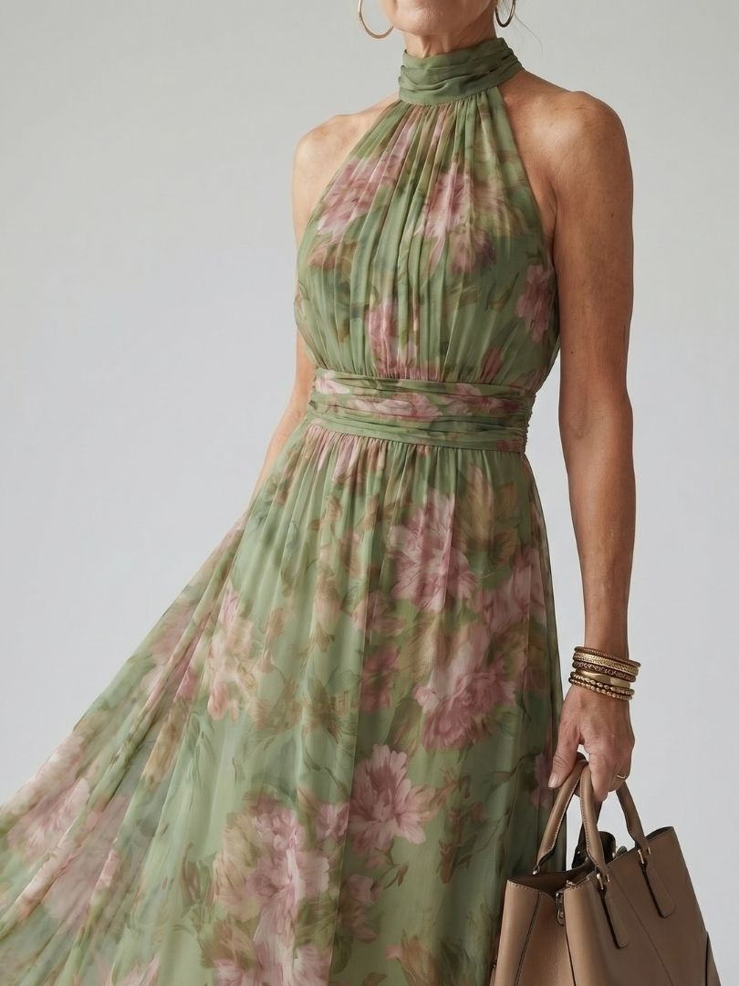 Vestido midi con cuello halter fruncido