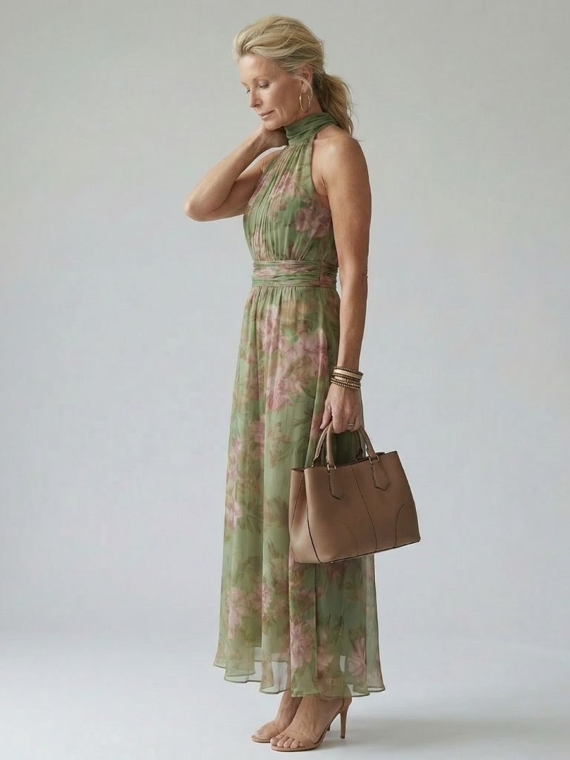 Vestido midi con cuello halter fruncido