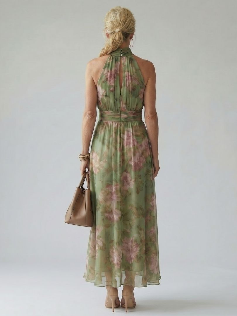 Vestido midi con cuello halter fruncido