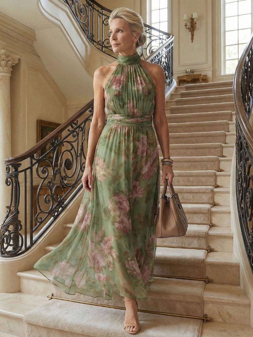 Vestido midi con cuello halter fruncido