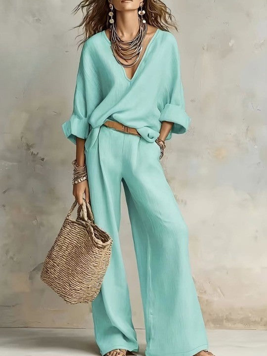 Conjunto de top con escote en pico y pantalón con cinturón