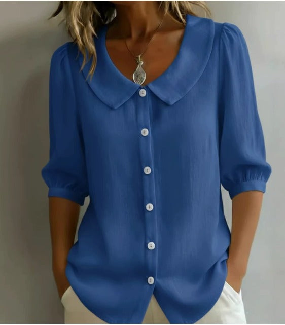 Camisa de algodón de manga corta con cuello peter pan