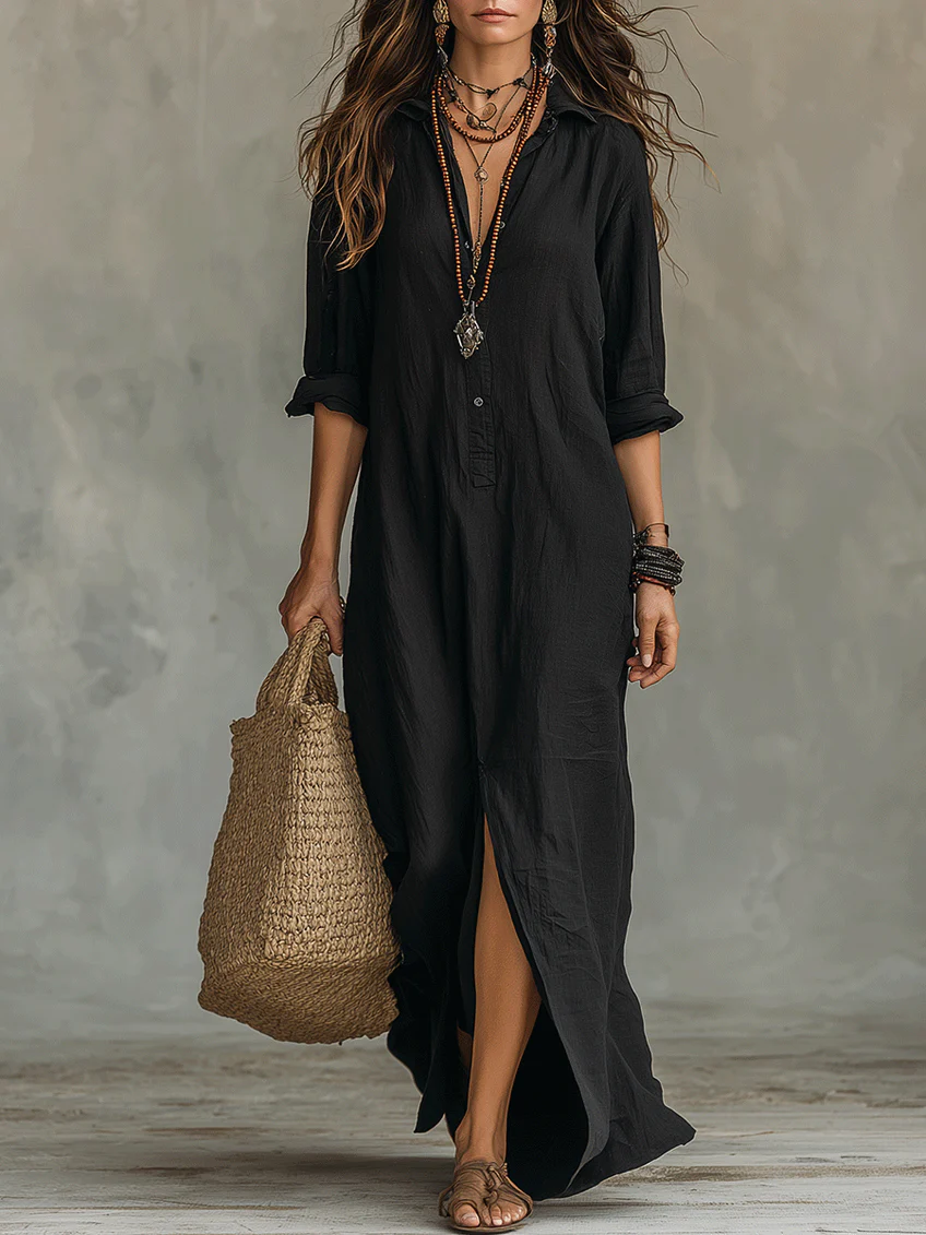 Vestido maxi negro largo con botones