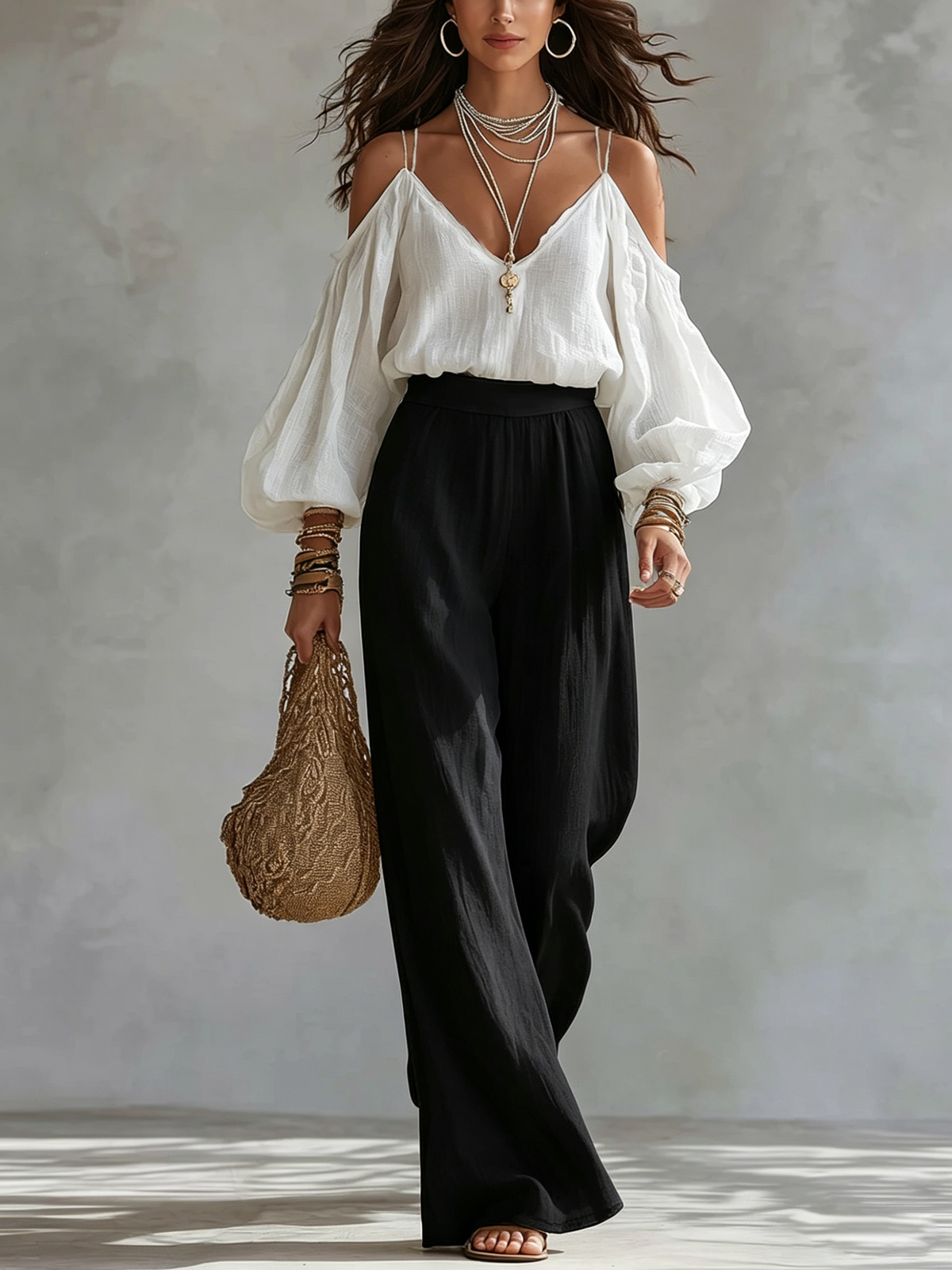 Top blanco de hombros descubiertos  y pantalón negro de pierna ancha