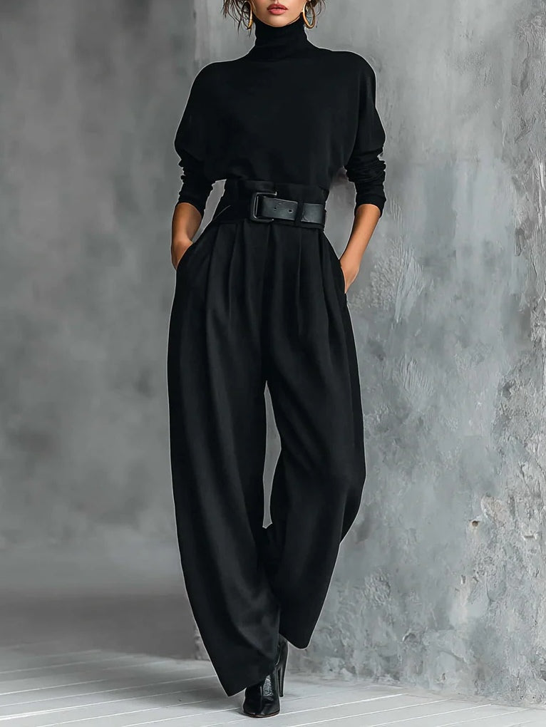 Conjunto de cuello alto con pantalón recto y cinturón
