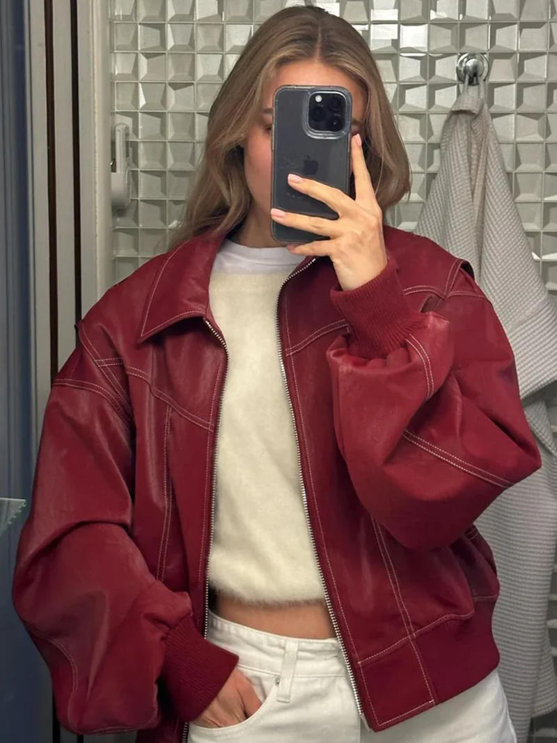Chaqueta bomber oversize efecto piel en burdeos