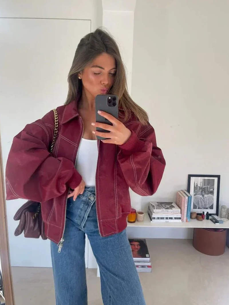 Chaqueta bomber oversize efecto piel en burdeos